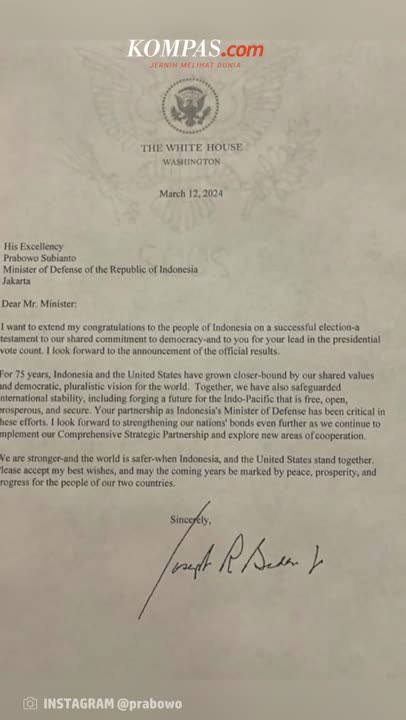 Penampakan Surat Ucapan Selamat Presiden AS Joe Biden ke Prabowo