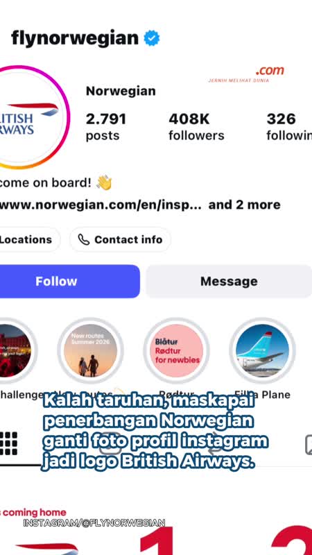 Kalah Taruhan Piala Dunia 2026, Maskapai Norwegia Ganti Foto Profil Jadi British Airways