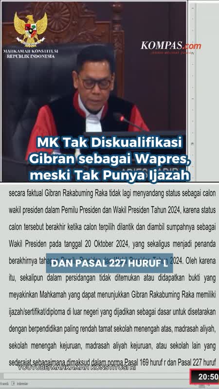 MK Tak Diskualifikasi Gibran sebagai Wapres, meski Tak Punya Ijazah